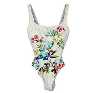 Johnny Was White Multicolored Floral Square Neck One Piece Swimsuit NWOT XS